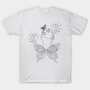 Minimal line art woman with butterfly T-Shirt